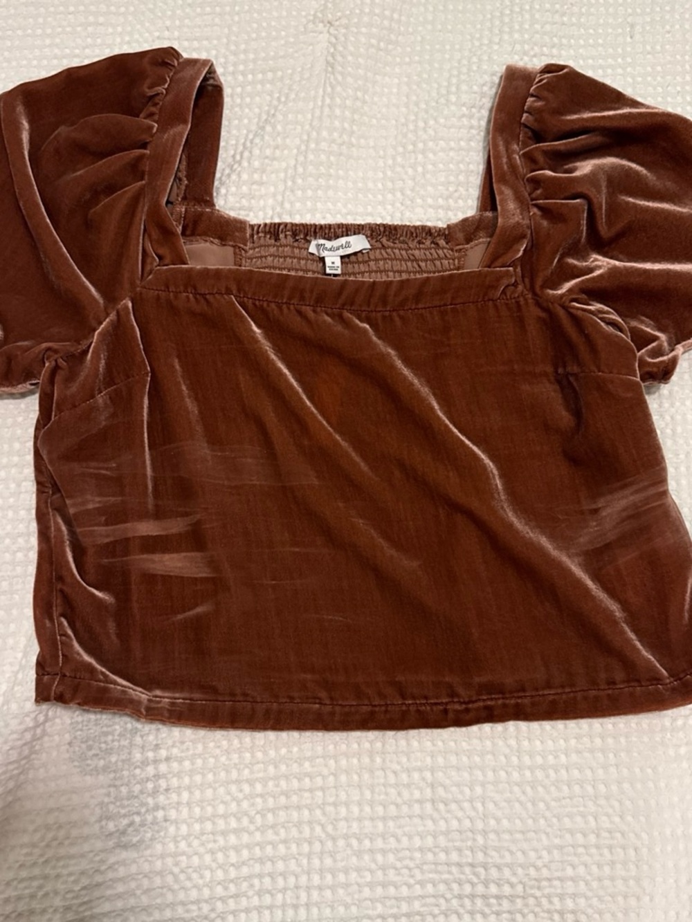 Madewell Brown Velvet Puff-Sleeve Square-Neck Crop Top